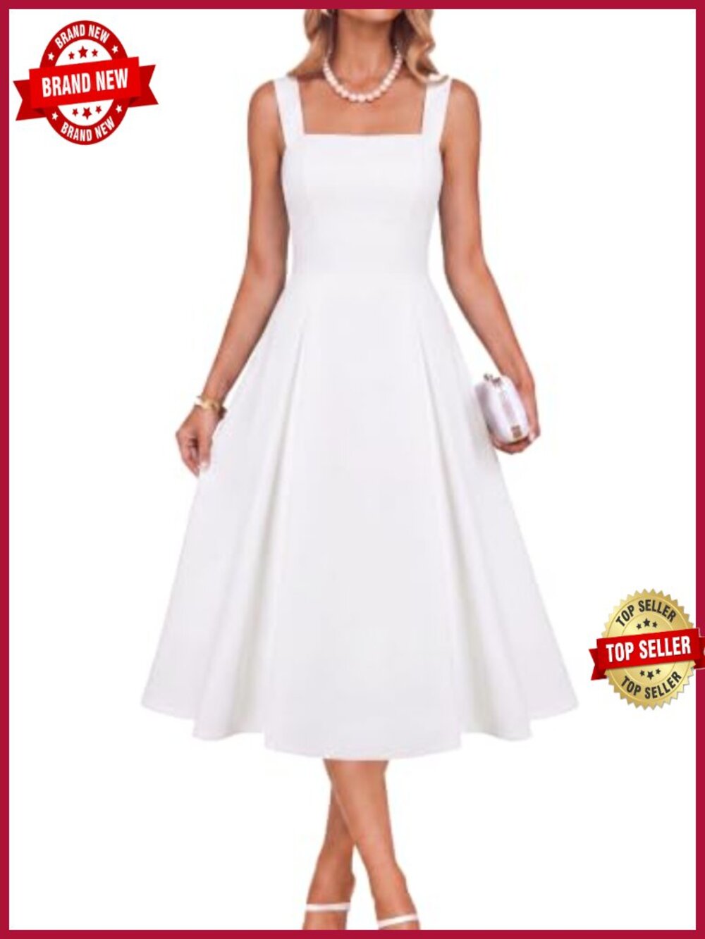 Women's Midi Dress Square Neck Fit & Flare Sleeveless with Pockets